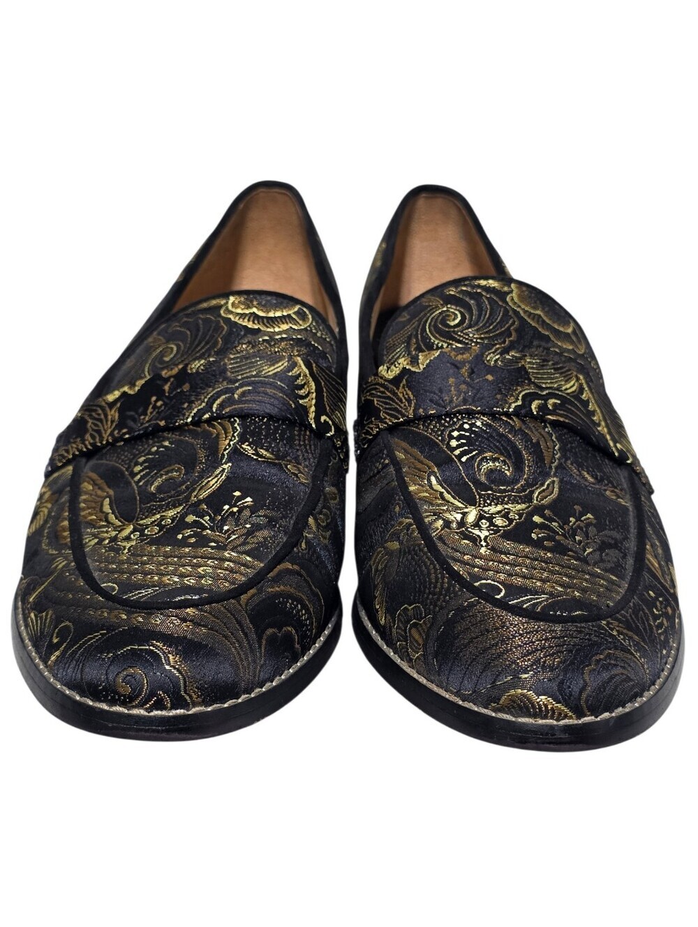 EUC FRANCO SARTO HURLEY TAPESTRY LOAFERS BLACK & GOLD BROCADE SLIP-ON FLATS SZ9 - Picture 8 of 12